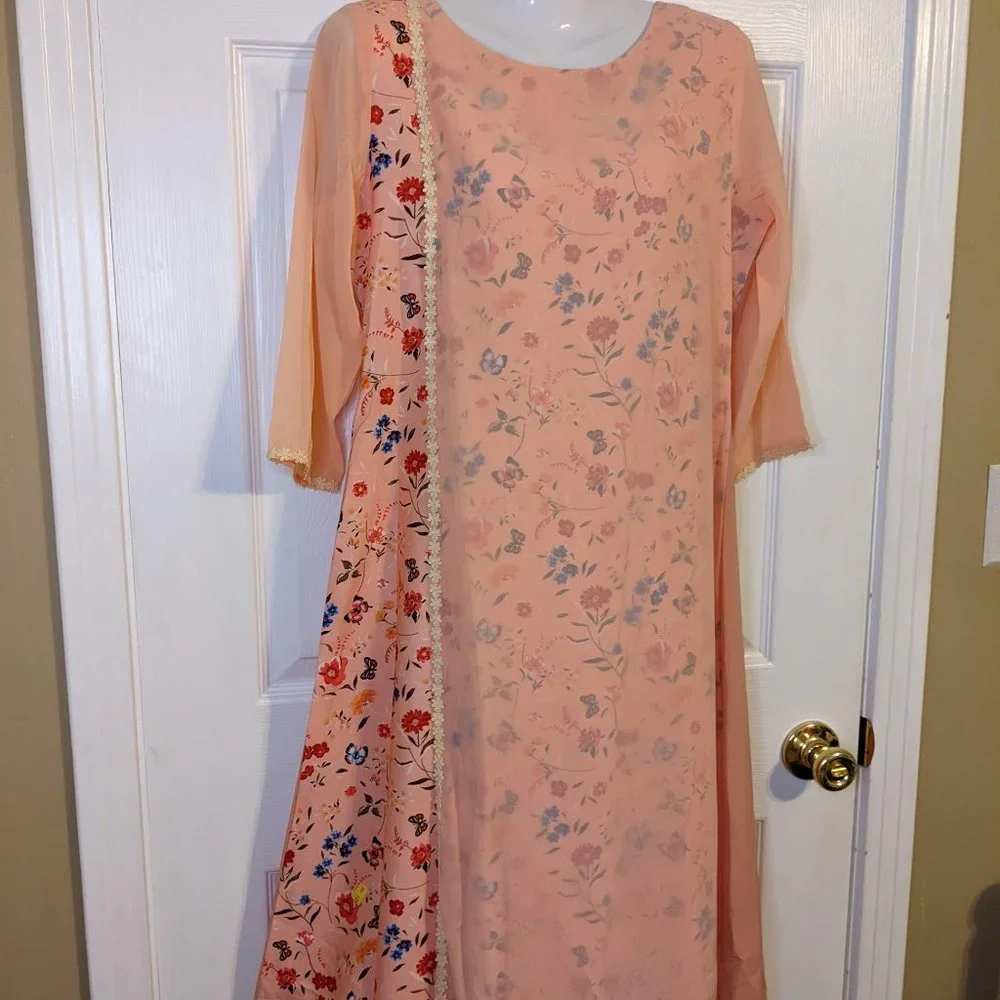 Janasya Floral Peach Sheer Crepe Overlay 3/4 Sleeves Maxi Dress - S/M NWT - Picture 3 of 6
